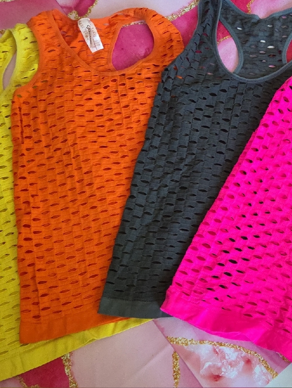Set of 4 Sleeveless Mesh Tanks - Neon Pink, Orange, Yellow, Charcoal